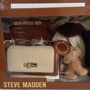 Steve Madden Cream Sherpa Crossbody Knit Hat Bag Charm  Set NEW
